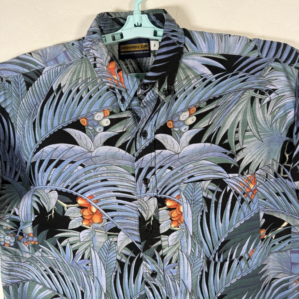 Vintage Panhandle Slim Shirt Mens Large Blue Hawaiian Western Button Down Floral